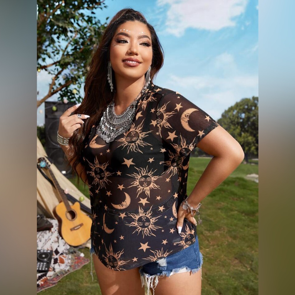 SHEIN EZwear Plus Star & Sun Print Sheer Mesh Top